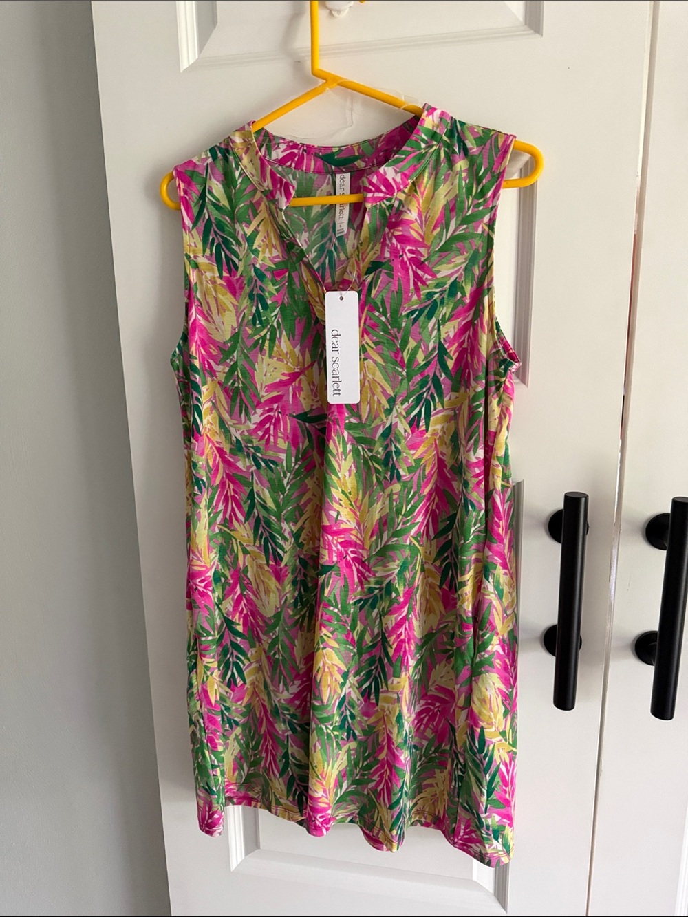 Tropical Leaf Sleeveless Dress - Pink, Green, Yellow large